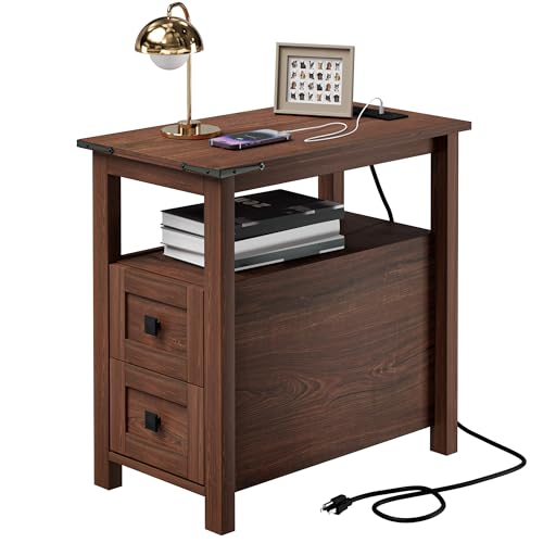 VVFLU Farmhouse End Table with Charging Station and 2 Storage Drawers, Cherry Wood Nightstand Narrow, Skinny Side Table Rustic, Slim Bedside Table, Open Shelf, Small for Bedroom, Living Room, Sofa - color: Cherry/Wood