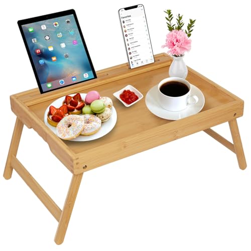 Artmeer Bamboo Bed Tray Table with Device Slot, Folding Legs, Large, Bamboo | FSC-certified bamboo bed tray with folding legs, device slot and handles for meals, laptops, reading and serving in bed. - color: Bamboo, size: Large