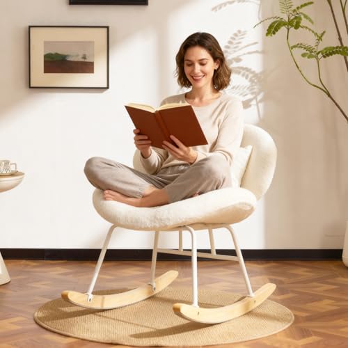 VINGLI 25.6" Extra Wide Criss Cross Nursery Rocking Chair,Cute Curved 115° Reclining Armless Glider,Teddy Small Rocker w/Pillow & Solid Wood for Indoor,Bedroom, Living Room,Teddy Fleece,White - color: Teddy-white