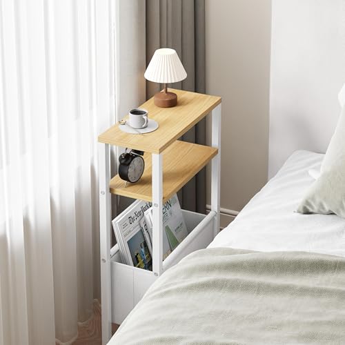 Narrow Side Table, Slim End Table with Magazine Rack, Skinny Bedside Table for Small Spaces, 3 Tier Sofa Couch Table Nightstand for Living Room, Bedroom, Natural LET503Y - color: Natural, style: No Charging Station