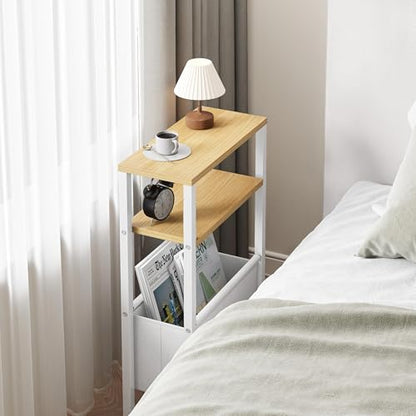 Narrow Side Table, Slim End Table with Magazine Rack, Skinny Bedside Table for Small Spaces, 3 Tier Sofa Couch Table Nightstand for Living Room, Bedroom, Natural LET503Y - color: Natural, style: No Charging Station