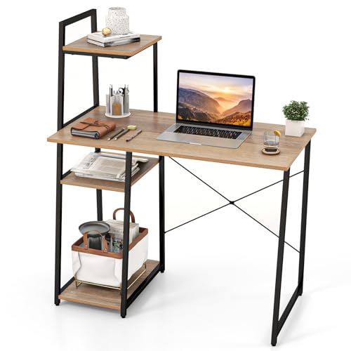 Tangkula Computer Desk with Shelves, Space Saving Home Office Desk with 3-Tier Ladder Shaped Storage Bookshelf, Modern Writing Study Desk with Metal Frame, Compact Computer Workstation (Natural) - color: Natural