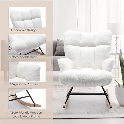 Rocking Chair Nursery Teddy Upholstered Glider Rocker Rocking Accent Chair Padded Seat with High Backrest Armchair Comfy Side Chair for Living Room Bedroom Offices (White Teddy) - color: White
