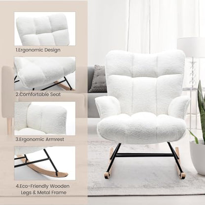 Rocking Chair Nursery Teddy Upholstered Glider Rocker Rocking Accent Chair Padded Seat with High Backrest Armchair Comfy Side Chair for Living Room Bedroom Offices (White Teddy) - color: White