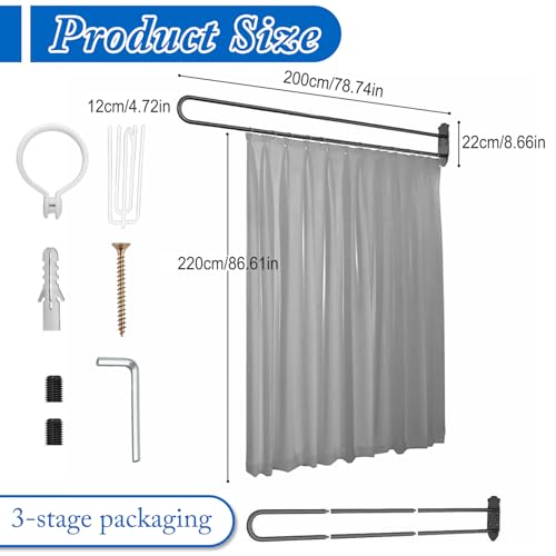 Privacy Partition Curtains, U Shaped Rod with Hook, 6.56ft,Grey | Wall Mounted Privacy Room Divider Rod with Flat Hook ,for Fitting Room Beauty Salon Bedroom Hospital - color: Grey