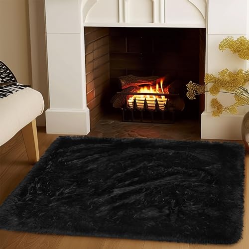 2x3 Fluffy Area Rug, Pure Black Desk Chair Cute Shag Fuzzy Rugs for Bedroom | Upgrade Non-Slip Durable, Throw Rugs for Living Room, Shaggy Carpets for Girls and Boys Room Dorm Decor Aesthetic - color: Black, size: 2' x 3' (Rectangular)