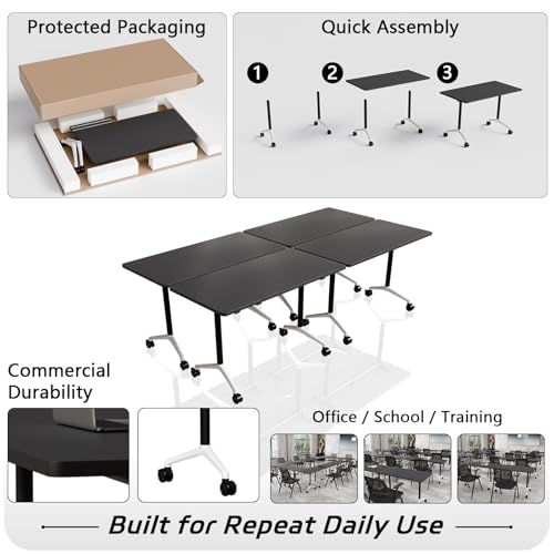Folding Conference Table with Wheels Set of 6, Modular Conference Room Table for 6-12 Person Meetings, Flip Top Rolling Training & Classroom Tables, Nesting Office Tables - color: Black, size: 61 in