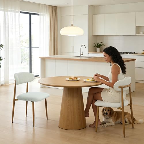 FREKEN Modern Upholstered Dining Chairs Set of 6, Mid-Century Metal Frame with Wood Grain, Linen Fabric Side Chair for Kitchen Dining Room, 350lbs Capacity, Beige - color: Beige - Wood Grain Legs, size: Set of 6