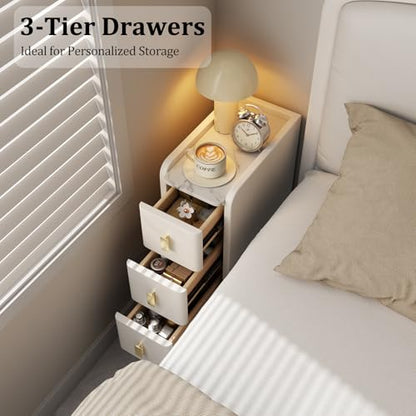 AQIMUELE Narrow Nightstand with Drawers, Narrow Side Table Leather, Small Bedside Tables for Bedroom. (White) - color: White, size: 7.8"W x 15"D x 22.8"H
