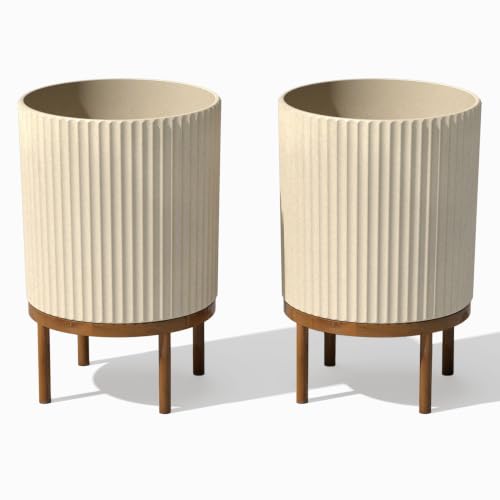 Veradek Demi Series Raised Planter - Round Planter with Stand | Made From a Durable Plastic-Stone Composite & Comes With Wooden Stand. Modern Porch/Patio Décor - color: Sand/Brown, size: 12 inch - 2 Pack