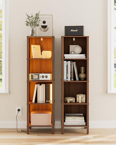 Book Shelf with LED Lights, Modern 4-Tier Bookcase, Open Storage Bookshelf, 11 × 14.2 × 50.4 Inches, Small Narrow Bookshelves for Living Room, Home Office, Bedroom, Walnut - color: Walnut