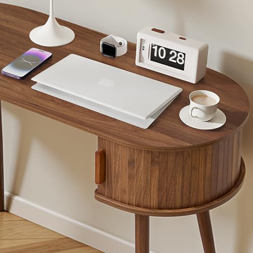 43" Wood Writing Desk, Laptop Desk with Storage, Vanity Table Study Desk | Mid-Century Writing Desk, Walnut Laptop Desk with Storage, Fluted Vanity Table Desk for Office, Bedroom, Study Room - color: Walnut-43 Inch