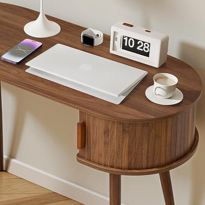 43" Wood Writing Desk, Laptop Desk with Storage, Vanity Table Study Desk | Mid-Century Writing Desk, Walnut Laptop Desk with Storage, Fluted Vanity Table Desk for Office, Bedroom, Study Room - color: Walnut-43 Inch