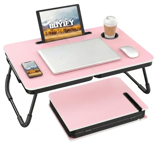 BUYIFY 23.4" Foldable Lap Desk Bed Table with Cup Holder Portable Tray | Folds Flat for Easy Storage, No Assembly Laptop Bed Desk, Sturdy and Lightweight, Patent Design,Pink - color: Pink