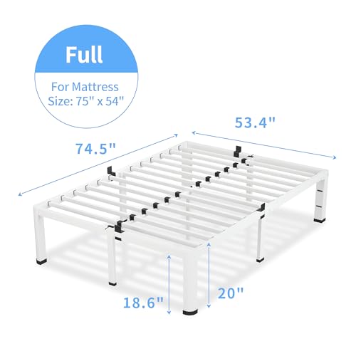 18 Inch White Full Bed Frame with Round Corners No Box Spring Needed | 3500lbs Heavy Duty, Under bed storage, 4 mattress stoppers, Headboard holes, Noise-free, Easy assembly & rubber covers - size: Full, style: 18 Inch White
