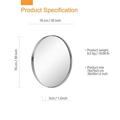 30-Inch Circle Mirro Brushed Nickel Silver Wall Mounted Round Mirror, Glass Panel Circle Deep Set Design Stainless Steel Framed Mirror for Bathroom Vanity, Entryways, Living Rooms - size: 30"L x 30"W