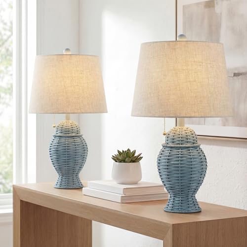 JONATHAN Y 20.5" Wicker Table Lamp, Blue with Beige Shade, Set of 2 | Margie Bohemian Rustic Farmhouse Coastal Urn Rattan Metal, Pull Chain Switch, Linen, LED Bulbs Included - color: Blue