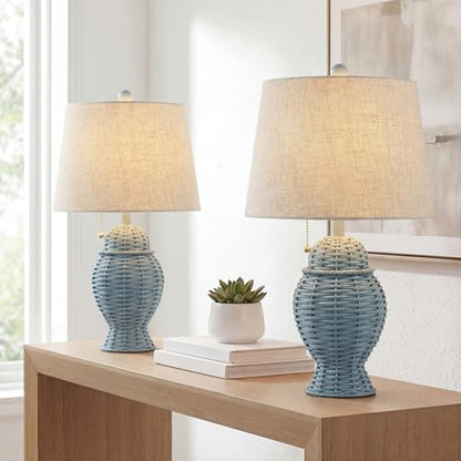 JONATHAN Y 20.5" Wicker Table Lamp, Blue with Beige Shade, Set of 2 | Margie Bohemian Rustic Farmhouse Coastal Urn Rattan Metal, Pull Chain Switch, Linen, LED Bulbs Included - color: Blue