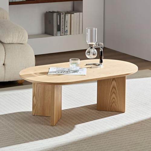 39.37'' Oval Coffee Table for Living Room, MDF Coffee Table Center Table for Bedroom, Modern Coffee Table End Table Side Table Accent Tea Table with Sturdy Pedestal for Apartment Office, Oak - color: Oak, size: 39.37"x21.65"x13.78"