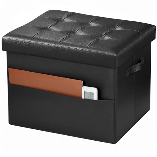 Bsketa Storage Ottoman Bench,17 Inch Folding Leather Foot Rest Stool, Black | Small Ottoman with Side Pockets, Thicker Foam Padded Seat, Livingroom, Dorm, Bedroom, Easy to install, 43L,17x13x13in - color: Black-1 Pack