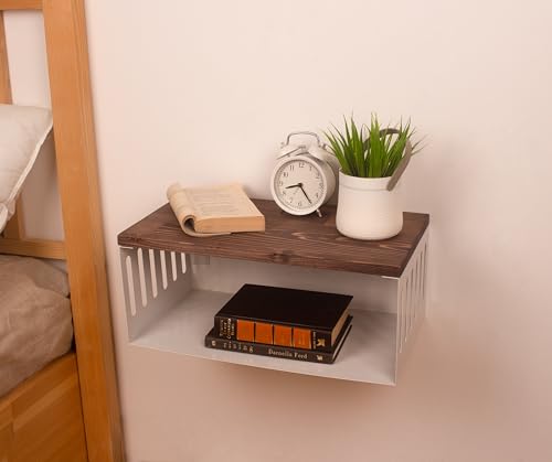Floating Nightstand with White Metal Base, Wooden Top and Sturdy Metal Base, Minimalist Bedside Table, Wall Mounted Shelf, Bedside Shelf (London) - color: London