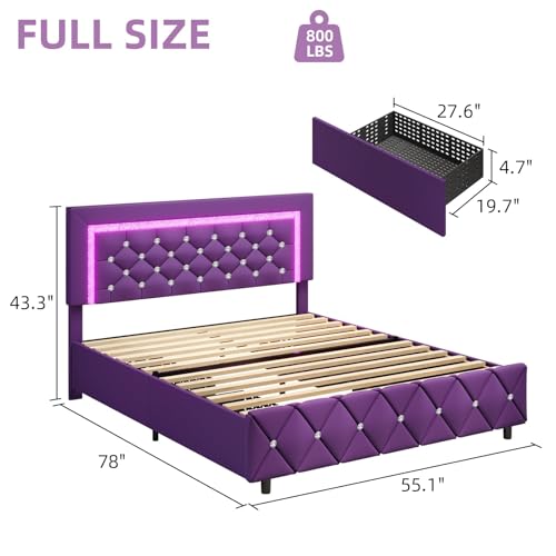 BarnFurin Full Size Bed Frame with Headboard, Faux Leather Upholstered Bed with Diamond Tufted Design, Mordern Bed Frame with Wooden Slats Suppor, No Box Spring Required, Easy Assembly, Purple - color: Purple, size: Full