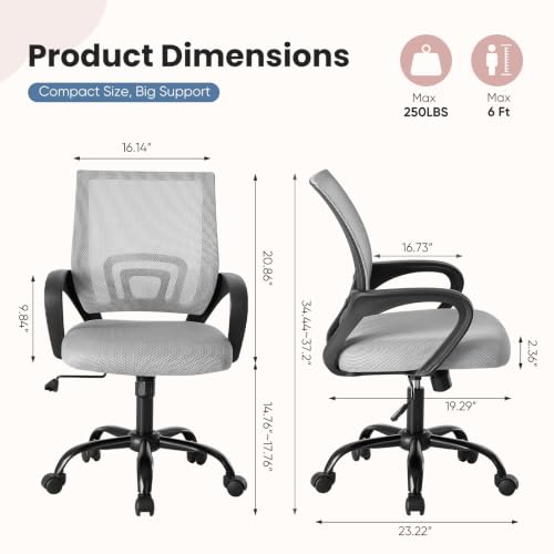 DUMOS Ergonomic Home Office Chair, Executive Mesh Desk Chair | Height Adjustable, Lumbar Support, Breathable Mid Backrest, Fixed Armrest, Rolling Wheels, Computer Gaming, Meeting, Gray - color: Grey