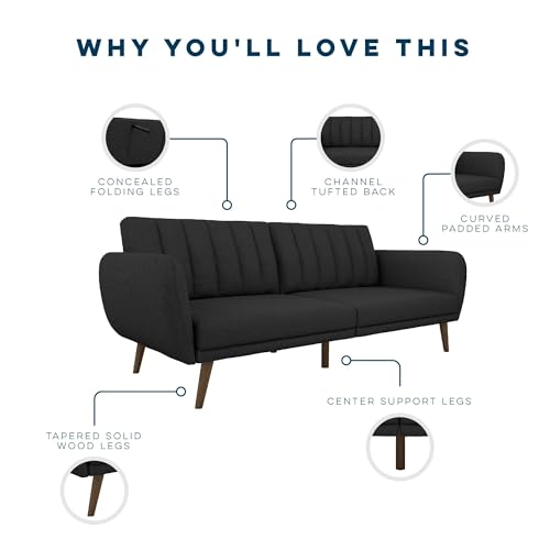 Novogratz Brittany 82 Inch Futon Sofa Bed in Faux Leather, Upholstered Couch Sleeper with Tufted Back, Mid-Century Modern Design, Dark Gray - color: Dark Gray