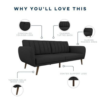 Novogratz Brittany 82 Inch Futon Sofa Bed in Faux Leather, Upholstered Couch Sleeper with Tufted Back, Mid-Century Modern Design, Dark Gray - color: Dark Gray
