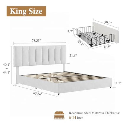 VECELO King Size Bed Frame with 4 Storage Drawers, Adjustable Height Headboard, Heavy-Duty Bedframe with Strong Wooden Slats, No Box Spring Needed, Pure White - color: Pure White, size: King, style: Bed Frame With Drawers