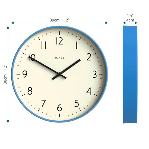 JONES CLOCKS® Studio Clock | Modern Round wall Clock | 12" | Mid Blue | Easy to Read Numbers | Versatile Design for Kitchen, Living Room or Office - color: Mid Blue