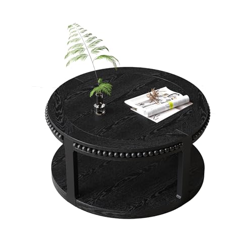 Round Wood Coffee Table, Farmhouse Rustic Circle Coffee Tables, 2-Tier Solid Wood Coffee Table for Living Room Apartment Office-31.5'' Black - color: 2tier-black Wood, size: 31.5''Round