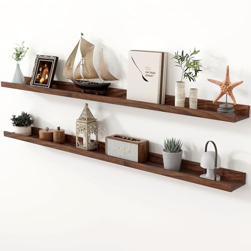 Oak Picture Ledge Shelf, 55 Inch Floating Shelves Set of 2, Solid Oak Wood Wall Shelves with Lip, Wall Decor Storage for Bedroom Living Room Bathroom Kitchen Nursery Photo Picture, Walnut - color: Walnut, size: 55inch
