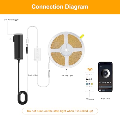 Pandery COB LED Strip Lights Warm White,24V Dimmable led Light Strip KIT with Remote and app Control,2700K 9.84FT/3m 8mm Wide Ra>90 Cuttable Flexible Strip Lights for Bedroom,Wardrobe,Cabinet - color: 2700K Warm white, size: 9.84FT