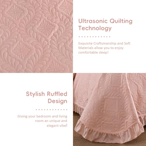 DJY Queen Size Quilt Sets, Ruffled Bedding Set, Blush Pink | Lightweight Modern Pattern Bedspreads, Bed Cover for All Seasons, 96''x90''- 3 Piece (1 Quilt, 2 Pillow Shams) - color: Pink, size: Queen