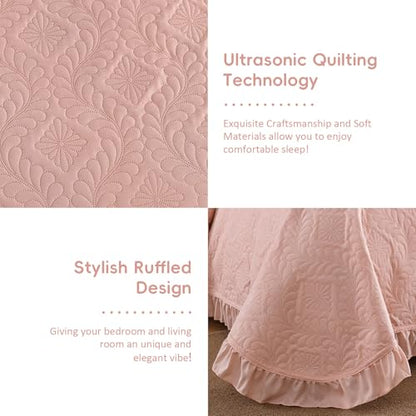 DJY Queen Size Quilt Sets, Ruffled Bedding Set, Blush Pink | Lightweight Modern Pattern Bedspreads, Bed Cover for All Seasons, 96''x90''- 3 Piece (1 Quilt, 2 Pillow Shams) - color: Pink, size: Queen