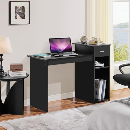 Yaheetech Black Computer Desk and Chair Set with Drawer, Shelves, Mesh Seat | Particle Board and MDF Build a Sturdy Desk with a Drawer and Elevated Platform, Paired with a Mesh Chair for Adults. - color: Black