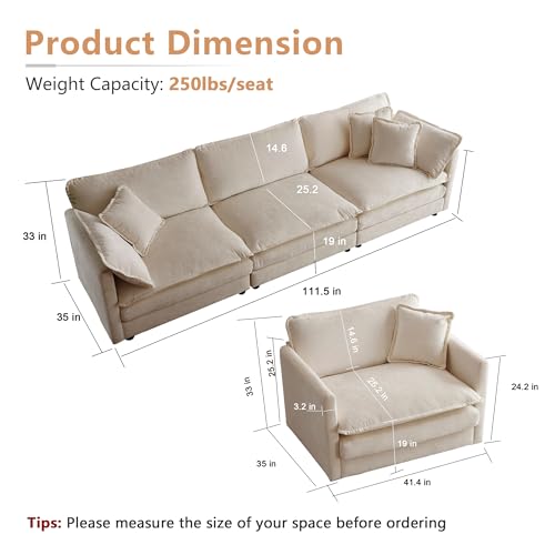 Luxury 3 Piece Sofa Set, 2 Pieces of Single Sofa and 1 Piece of 3 Seater Sofa, Modern Chenille Comfy Cloud Couches Set with 7 Pillows for Living Room Office, Light Coffee - color: Light Coffee, size: 3+1+1