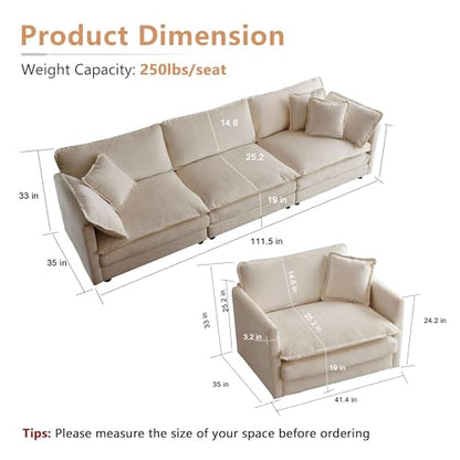 Luxury 3 Piece Sofa Set, 2 Pieces of Single Sofa and 1 Piece of 3 Seater Sofa, Modern Chenille Comfy Cloud Couches Set with 7 Pillows for Living Room Office, Light Coffee - color: Light Coffee, size: 3+1+1