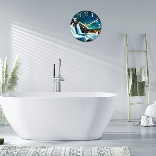 XNM Glass Teal Wall Clocks Battery Operated 12 Inch | Analog Natural Landscape Wall Clock for Bedroom Living Room Kitchen Round Small Silent Clock - color: Teal 10, size: 12 Inch