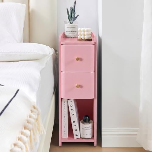 Narrow Nightstand Set of 2, Wooden Small 2 Drawer Nightstand, Slim Side End Table, Skinny Bedside Table, Mid Century Modern Night Stand with Drawers for Bedroom (Pink-1 pc) - color: Pink-1 Pc