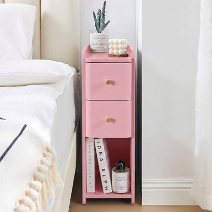 Narrow Nightstand Set of 2, Wooden Small 2 Drawer Nightstand, Slim Side End Table, Skinny Bedside Table, Mid Century Modern Night Stand with Drawers for Bedroom (Pink-1 pc) - color: Pink-1 Pc