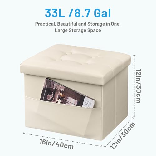 Bsketa Storage Ottoman Bench,16 Inch Folding Leather Foot Rest Stool, Beige | Small Ottoman with Side Pockets, Thicker Foam Padded Seat, Livingroom, Dorm, Bedroom, Easy to install, 38L, 16x12x12in - color: Beige-with Side Pockets.
