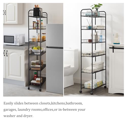 6-Tier Storage Cart Wire Slim Shelving Shelf with Wheels for Small Spaces, Rolling Tall Organizer Storage for Bathroom, Kitchen, Home, Garage, Bedroom, Closet (Black, 10“D)
