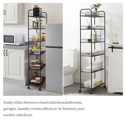 6-Tier Storage Cart Wire Slim Shelving Shelf with Wheels for Small Spaces, Rolling Tall Organizer Storage for Bathroom, Kitchen, Home, Garage, Bedroom, Closet (Black, 10“D)