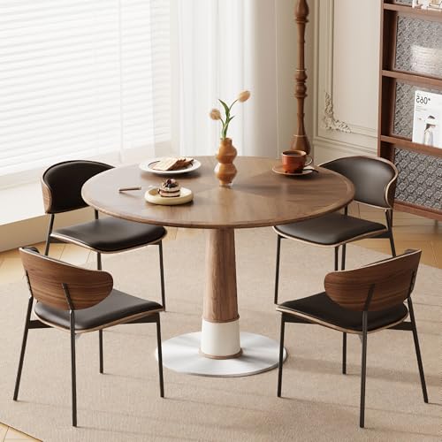 Modern Round Dining Table with Parquet Walnut Tabletop Seats 4-6 | 47.2" Small Circle Pedestal Kitchen Table with Metal Base for Dining Room, Kitchen, Apartment, Living Room