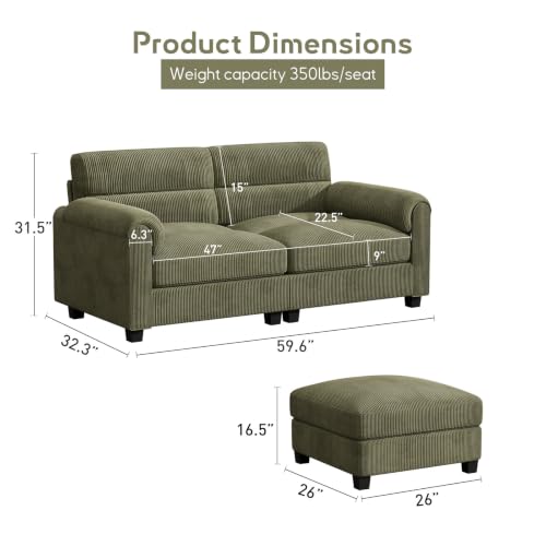 Bonzy Home Loveseat Sofa for Living Room, Comfy Corduroy Loveseat Couch with Movable Ottoman and Rolled Arms, Modern Small Couches for Bedroom, Small Spaces, Apartment, Office, Green - color: Green, size: 2+0