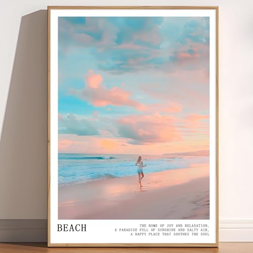 Pink and Blue Coastal Wall Art Cute Preppy Summer Pictures Aesthetic Summer Posters Trendy Beach Pictures Blue Ocean Painting Coastal Cowgirl Artwork Beach Wave Picture for Home Room 16x24in Frameless - color: C2Unframed
