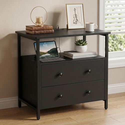 Edbuosy 27" Wide Nightstand with Charging Station & 2 Drawer, Black | Small Dresser for Closet, 2 AC Outlets & 2 USB Ports, Open Shelf, Adjustable Feet, Wood Nightstand for Living Room or Bedroom - color: Black, size: 2 Drawer