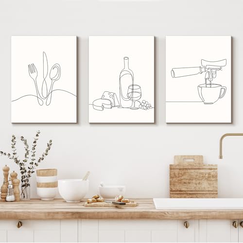 Dazzlewall 3Pcs Framed Minimalist Line Kitchen Wall Art Decor, Black and White Abstract Line Wall Art Prints for Dining Room Coffee Bar Living Room Decor 12x16 in - color: Line Kitchen Framed
